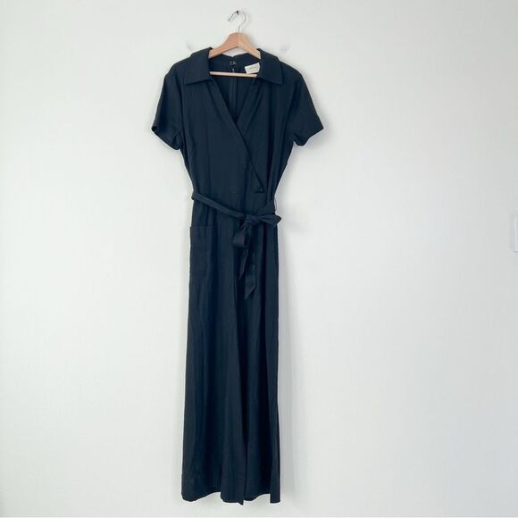 Anthropologie Maeve Colette Wrap Jumpsuit Linen Edition in Black Size 12 - Picture 2 of 13
